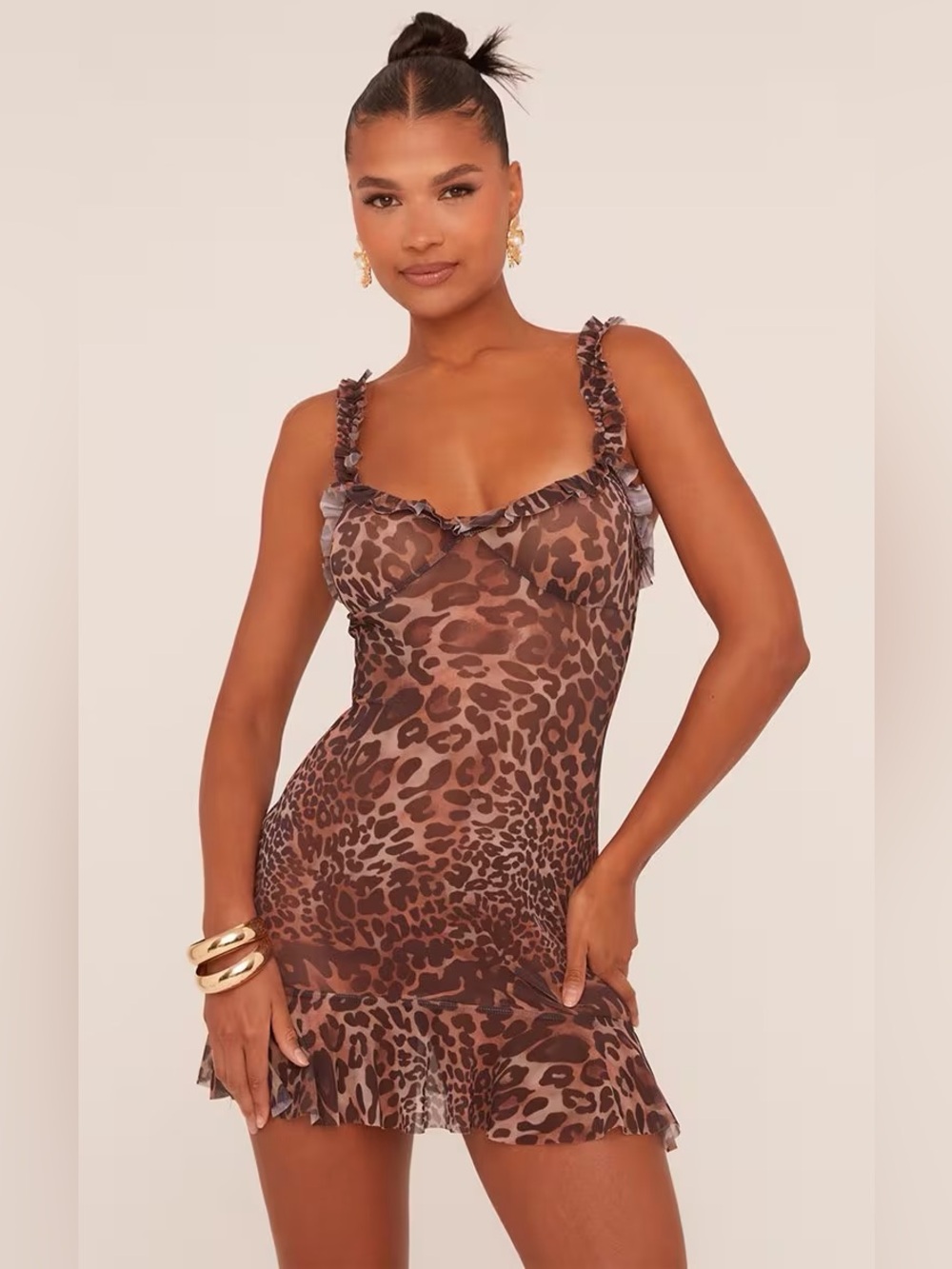 Brown Leopard Print Ruffle Mini Dress Zz3-14